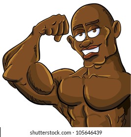 Cartoon Muscle Man Flexing His Bicep. Isolated