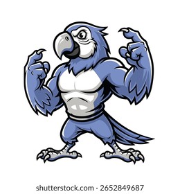 Cartum de um papagaio azul muscular flexionando seus braços.