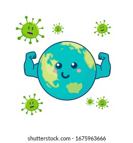 Cartoon Muscular Earth, protect from covid-19 virus or corona virus concept. fight the virus. defend from virus. avoiding corona viruses.