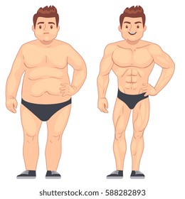 Cartoon muscular and fat man, guy before and after sports. weight loss and diet vector lifestyle concept