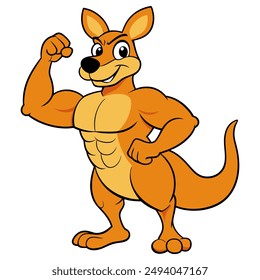 Cartoon muscular kangaroo isolated on white background. Kangaroo bodybuilder shows strong arms, biceps. Side view. Vector illustration