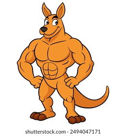 Cartoon muscular kangaroo isolated on white background. Kangaroo bodybuilder shows strong arms, biceps. Side view. Vector illustration