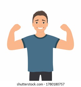 Cartoon muscular man. Funny athletic guy. Happy man proudly shows his muscles in strong arms.