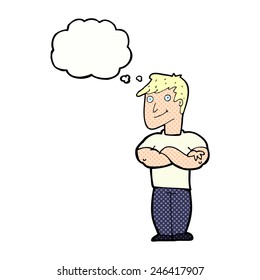 cartoon muscular man with thought bubble
