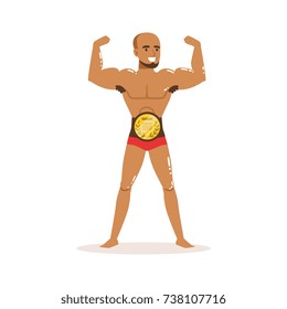 Cartoon muscularity wrestler posing with championship belt