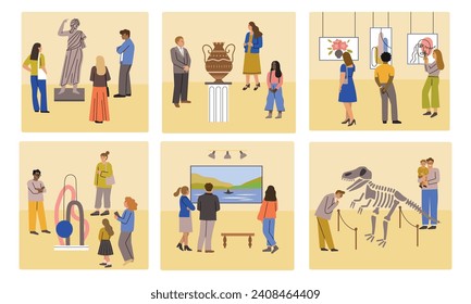 Cartoon museum visitors. Happy people look at paintings and valuable exhibits, modern and historical exposition, art and culture, vector set.eps
