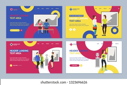 Cartoon Museum Visitors Landing Web Page Template Set Art Gallery Concept Flat Design Style. Vector illustration of Culture Education