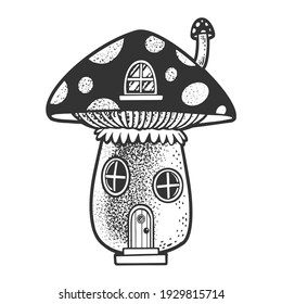 Cartoon mushroom amanita house sketch engraving vector illustration. T-shirt apparel print design. Scratch board imitation. Black and white hand drawn image.