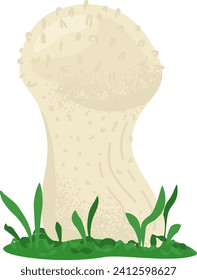 Cartoon mushroom with a broad cap and grass at the base. Simple stylized fungi illustration, nature theme. Mushroom growth, forest plant vector illustration.