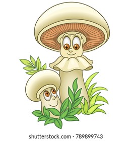 Cartoon Mushroom. Champignon. Shiitake boletus. Happy Vegetable symbol. Eco Food icon. Emoji expression. Design element for kids coloring book page, t-shirt print, logo, label, patch or sticker.