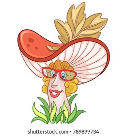 Cartoon Mushroom. Chanterelle. Russula boletus. Happy Vegetable symbol. Eco Food icon. Emoji expression. Design element for kids coloring book page, t-shirt print, logo, label, patch, sticker.