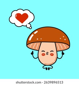 Cartoon mushroom character in love meditating in lotus position with heart shaped thought bubble on blue background