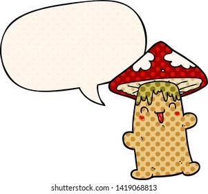 cartoon mushroom character with speech bubble in comic book style