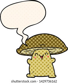cartoon mushroom character with speech bubble in comic book style