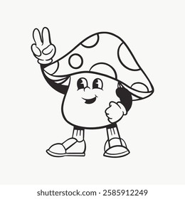 Cartoon mushroom character with a spotted cap, smiling and giving a peace sign. Simple black and white illustration of a friendly mushroom figure. Funky vector illustration.