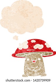 caricatura personaje de hongos con burbuja de pensamiento en un estilo retro angustiado con textura estrafalaria