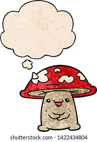 cartoon mushroom character with thought bubble in grunge texture style