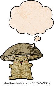 cartoon mushroom character with thought bubble in grunge texture style