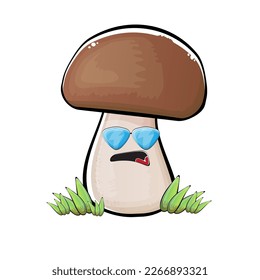 Cartoon mushroom characters isolated on white background. Funky boletus character with eyes and mouth. Vector white mushroom with brown cap clip art, emoji, label and sticker