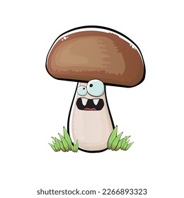 Cartoon mushroom characters isolated on white background. Funky boletus character with eyes and mouth. Vector white mushroom with brown cap clip art, emoji, label and sticker