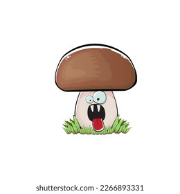 Cartoon mushroom characters isolated on white background. Funky boletus character with eyes and mouth. Vector white mushroom with brown cap clip art, emoji, label and sticker