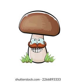 Cartoon mushroom characters isolated on white background. Funky boletus character with eyes and mouth. Vector white mushroom with brown cap clip art, emoji, label and sticker
