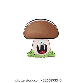 Cartoon mushroom characters isolated on white background. Funky boletus character with eyes and mouth. Vector white mushroom with brown cap clip art, emoji, label and sticker