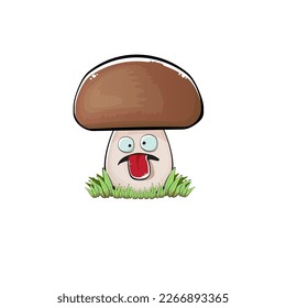 Cartoon mushroom characters isolated on white background. Funky boletus character with eyes and mouth. Vector white mushroom with brown cap clip art, emoji, label and sticker