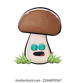 Cartoon mushroom characters isolated on white background. Funky boletus character with eyes and mouth. Vector white mushroom with brown cap clip art, emoji, label and sticker