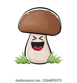 Cartoon mushroom characters isolated on white background. Funky boletus character with eyes and mouth. Vector white mushroom with brown cap clip art, emoji, label and sticker