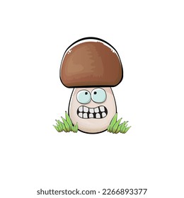Cartoon mushroom characters isolated on white background. Funky boletus character with eyes and mouth. Vector white mushroom with brown cap clip art, emoji, label and sticker