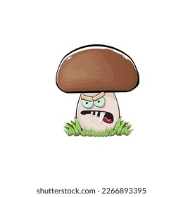 Cartoon mushroom characters isolated on white background. Funky boletus character with eyes and mouth. Vector white mushroom with brown cap clip art, emoji, label and sticker