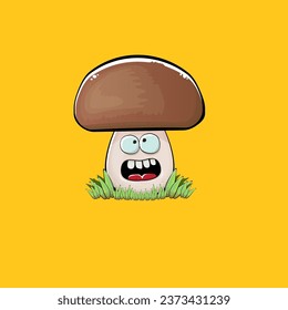 Cartoon mushroom characters isolated on orange background. Funky boletus character with eyes and mouth. Vector white mushroom with brown cap clip art, emoji, label and sticker