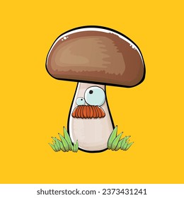 Cartoon mushroom characters isolated on orange background. Funky boletus character with eyes and mouth. Vector white mushroom with brown cap clip art, emoji, label and sticker