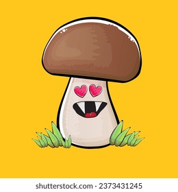 Cartoon mushroom characters isolated on orange background. Funky boletus character with eyes and mouth. Vector white mushroom with brown cap clip art, emoji, label and sticker