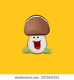 Cartoon mushroom characters isolated on orange background. Funky boletus character with eyes and mouth. Vector white mushroom with brown cap clip art, emoji, label and sticker