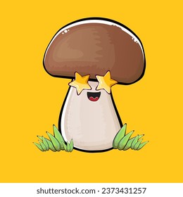 Cartoon mushroom characters isolated on orange background. Funky boletus character with eyes and mouth. Vector white mushroom with brown cap clip art, emoji, label and sticker