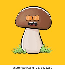 Cartoon mushroom characters isolated on orange background. Funky boletus character with eyes and mouth. Vector white mushroom with brown cap clip art, emoji, label and sticker