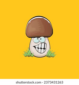 Cartoon mushroom characters isolated on orange background. Funky boletus character with eyes and mouth. Vector white mushroom with brown cap clip art, emoji, label and sticker