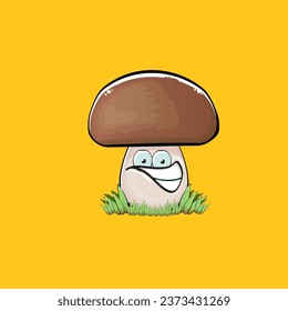 Cartoon mushroom characters isolated on orange background. Funky boletus character with eyes and mouth. Vector white mushroom with brown cap clip art, emoji, label and sticker
