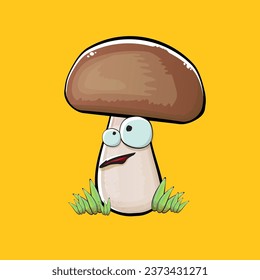 Cartoon mushroom characters isolated on orange background. Funky boletus character with eyes and mouth. Vector white mushroom with brown cap clip art, emoji, label and sticker