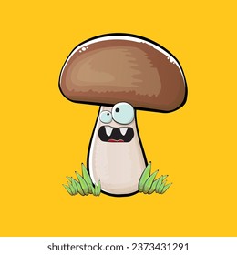 Cartoon mushroom characters isolated on orange background. Funky boletus character with eyes and mouth. Vector white mushroom with brown cap clip art, emoji, label and sticker