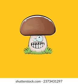 Cartoon mushroom characters isolated on orange background. Funky boletus character with eyes and mouth. Vector white mushroom with brown cap clip art, emoji, label and sticker