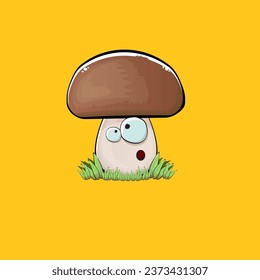 Cartoon mushroom characters isolated on orange background. Funky boletus character with eyes and mouth. Vector white mushroom with brown cap clip art, emoji, label and sticker