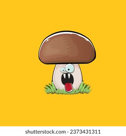Cartoon mushroom characters isolated on orange background. Funky boletus character with eyes and mouth. Vector white mushroom with brown cap clip art, emoji, label and sticker