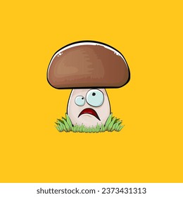 Cartoon mushroom characters isolated on orange background. Funky boletus character with eyes and mouth. Vector white mushroom with brown cap clip art, emoji, label and sticker