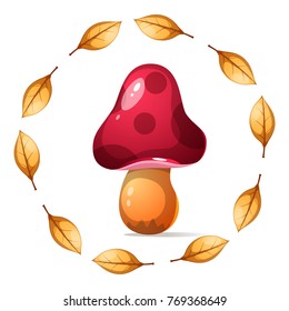 Cartoon mushroom. Circle Frame leaf. Vector eps10