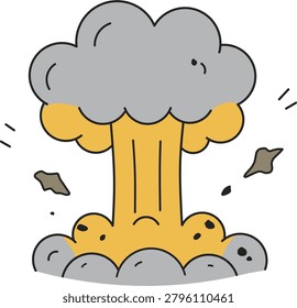 Cartoon mushroom cloud explosion with smoke, dust and flying debris, illustration of a blast, bomb detonation and war themed designs, isolated on white background