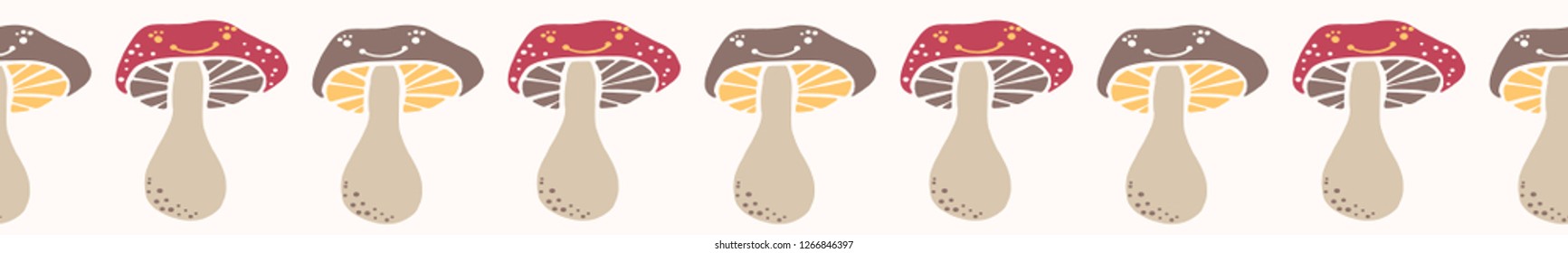 Cartoon mushroom collection with happy smiling face. Cute hand drawn seamless vector border. Banner Illustration of childish fungi and toadstool for kids