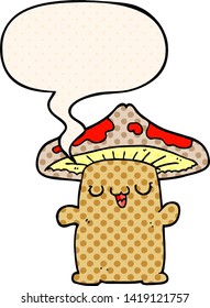 cartoon mushroom creature with speech bubble in comic book style